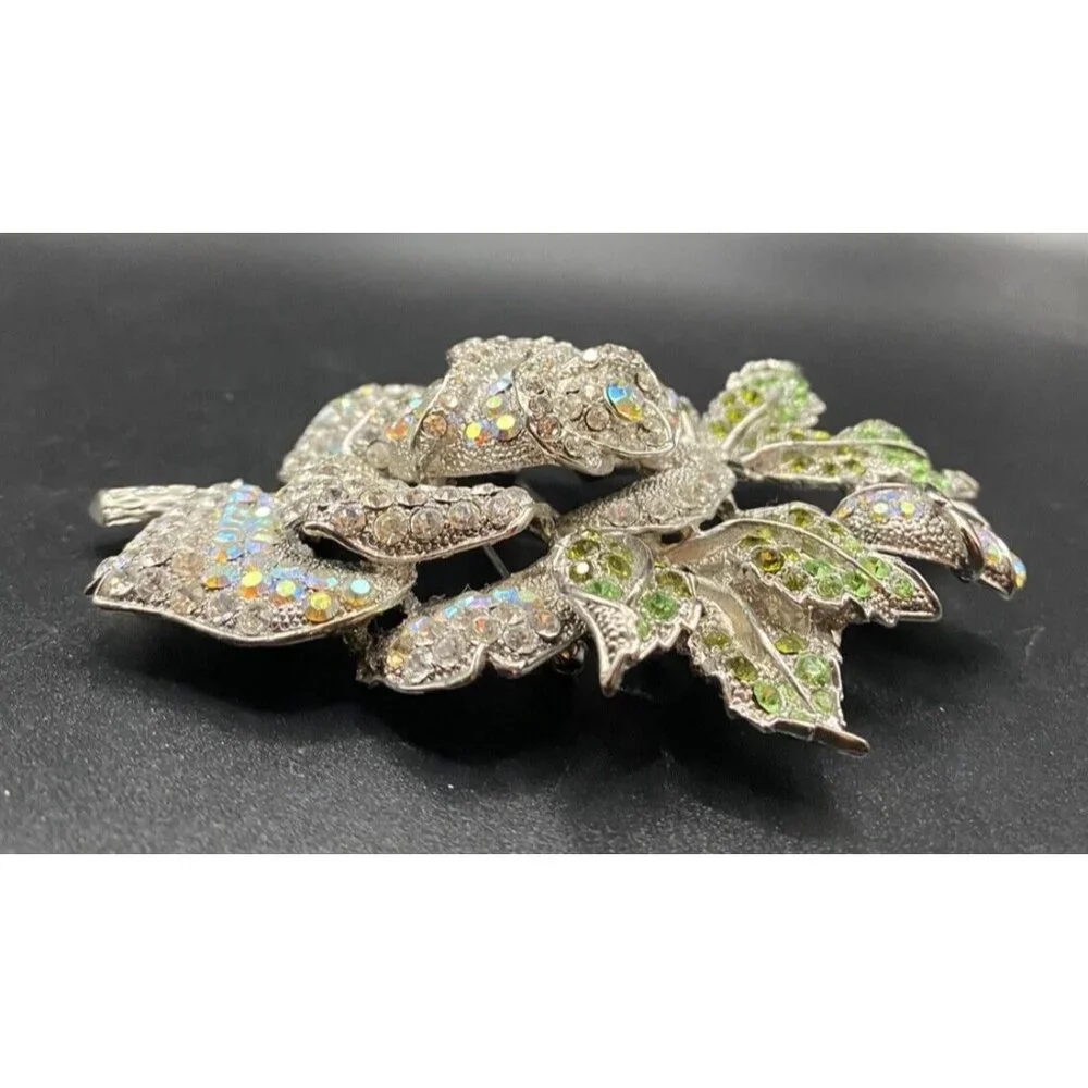 AB Clear Crystal Rose Brooch Huge 4" Silver Tone Thorns Green Leaves Rosebud - Picture 3 of 8